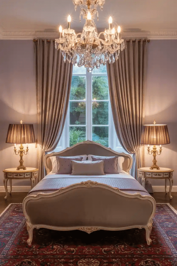 Elegant crystal chandelier and brass lamps to create a glamorous and inviting bedroom atmosphere.