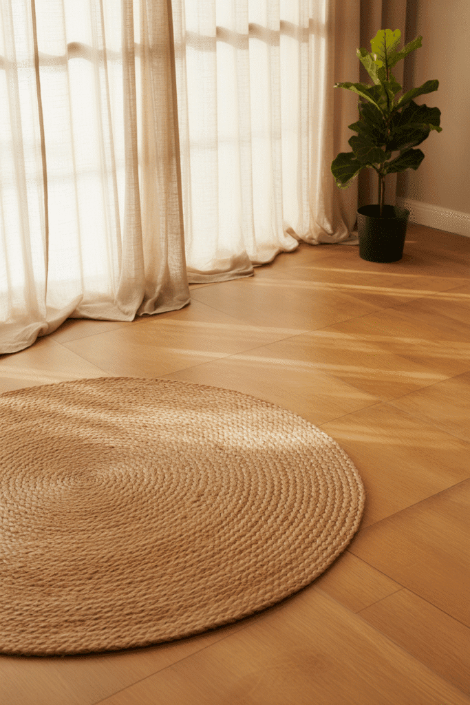 Sustainable bamboo flooring with a jute rug adding texture and warmth to the bedroom.
