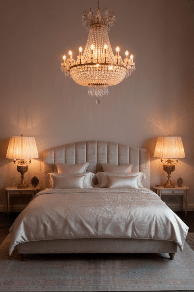Elegant crystal chandelier and brass lamps to create a glamorous and inviting bedroom atmosphere.