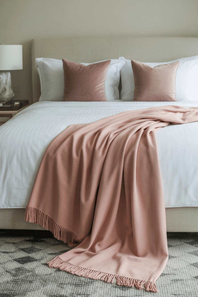 Plush cashmere throw blanket in soft pink adding warmth and elegance to a luxurious bedroom setup
