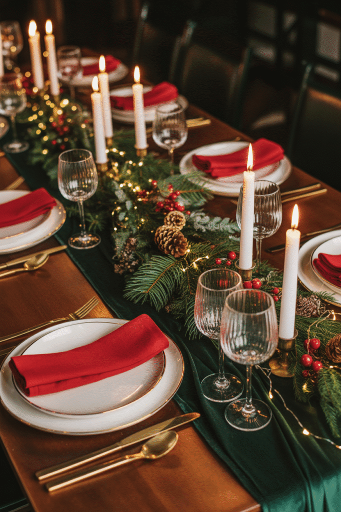 Classic Christmas dinner table setting with red and green décor and gold accents.
