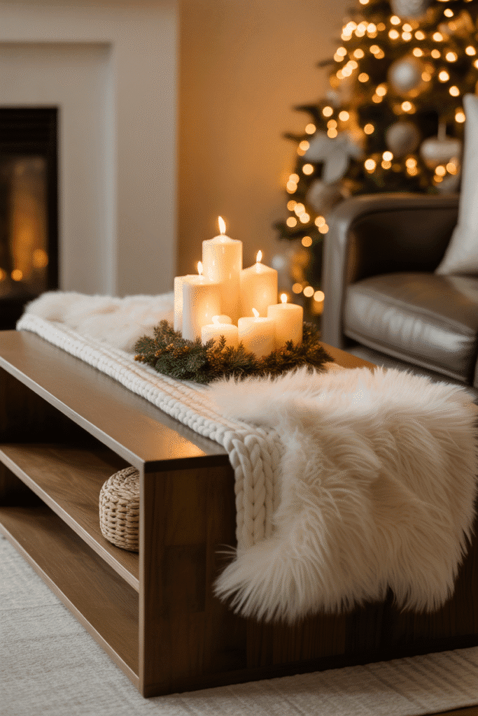 Cozy Christmas coffee table with knit textures and candles.