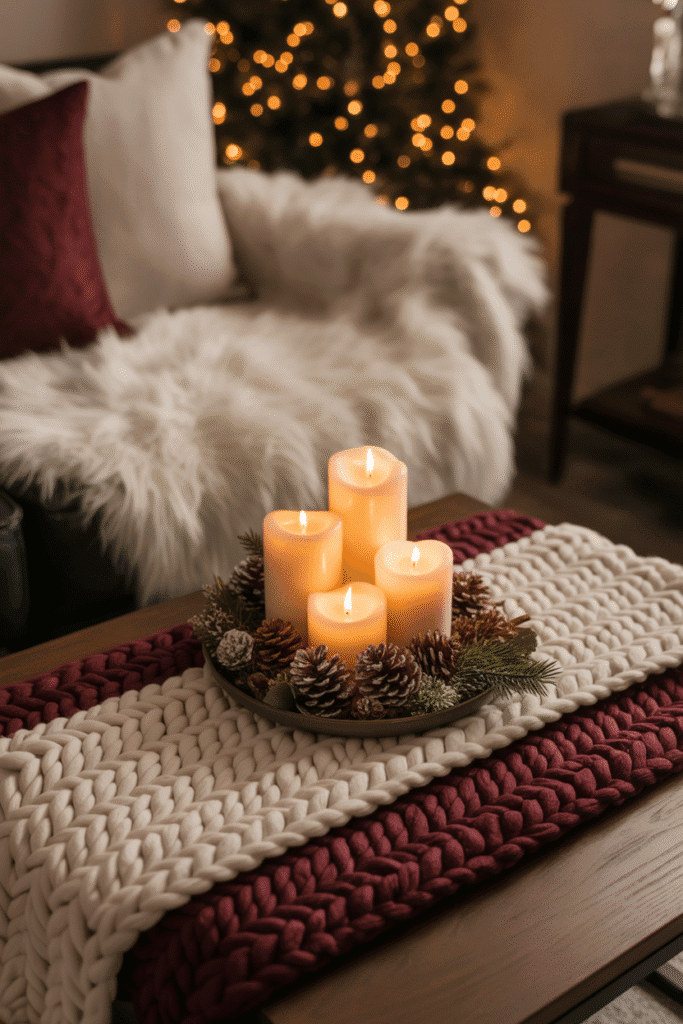 Cozy Christmas coffee table with knit textures and candles.