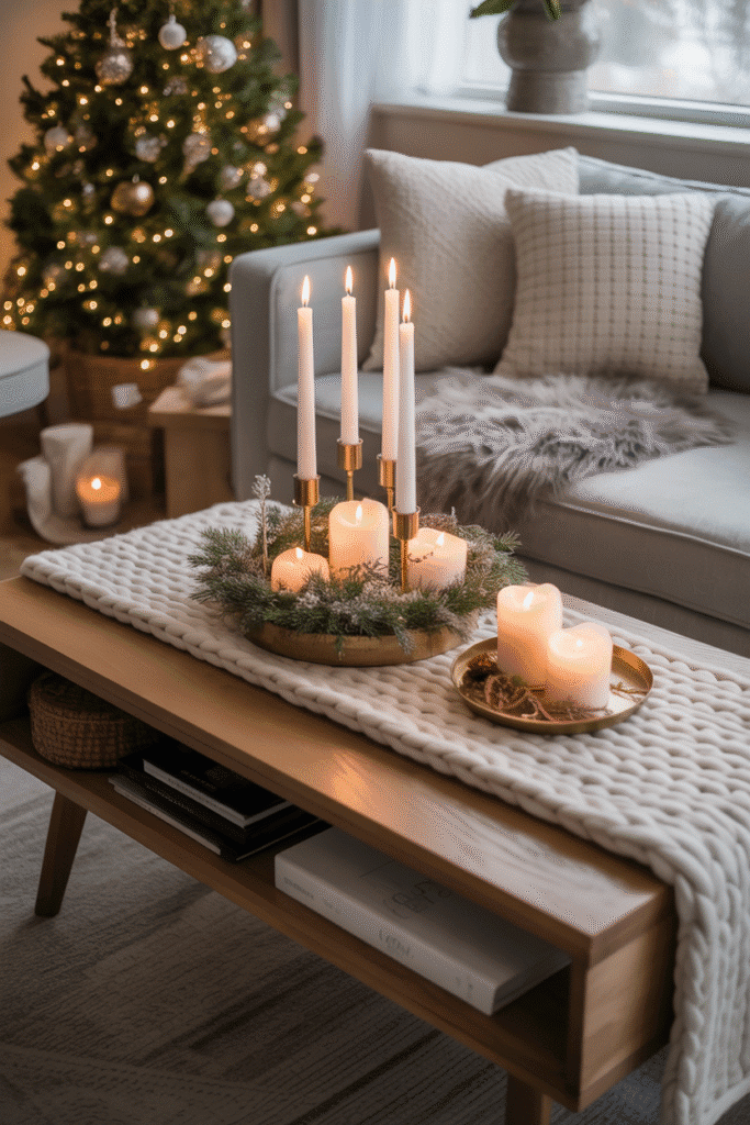 Cozy Christmas coffee table with knit textures and candles.