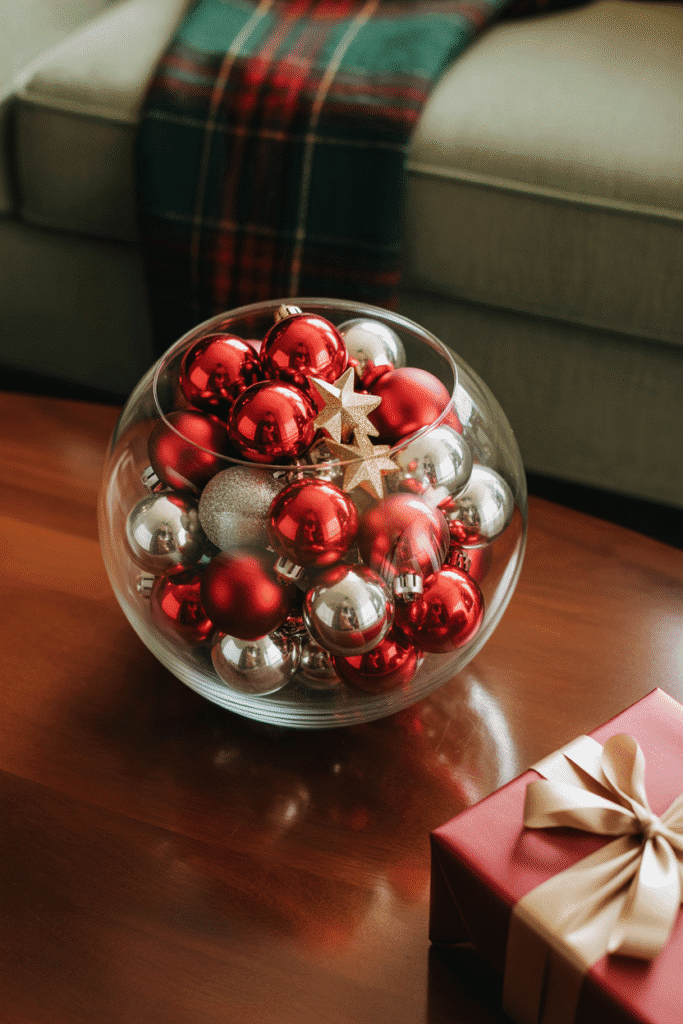 Glass bowl centerpiece with Christmas ornaments on coffee table.