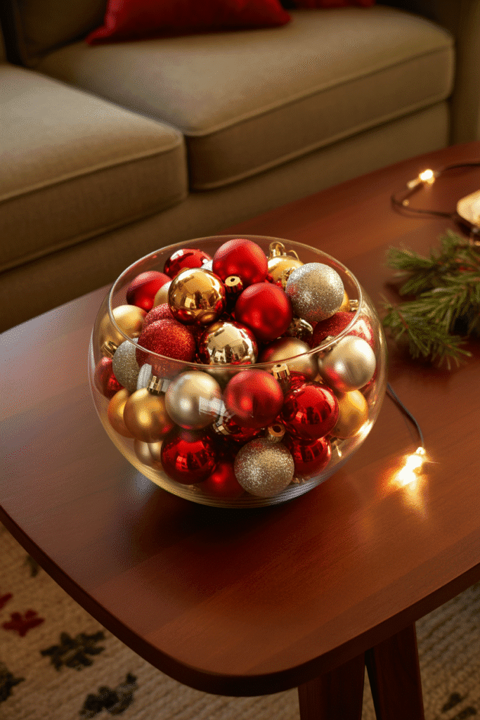 Glass bowl centerpiece with Christmas ornaments on coffee table.