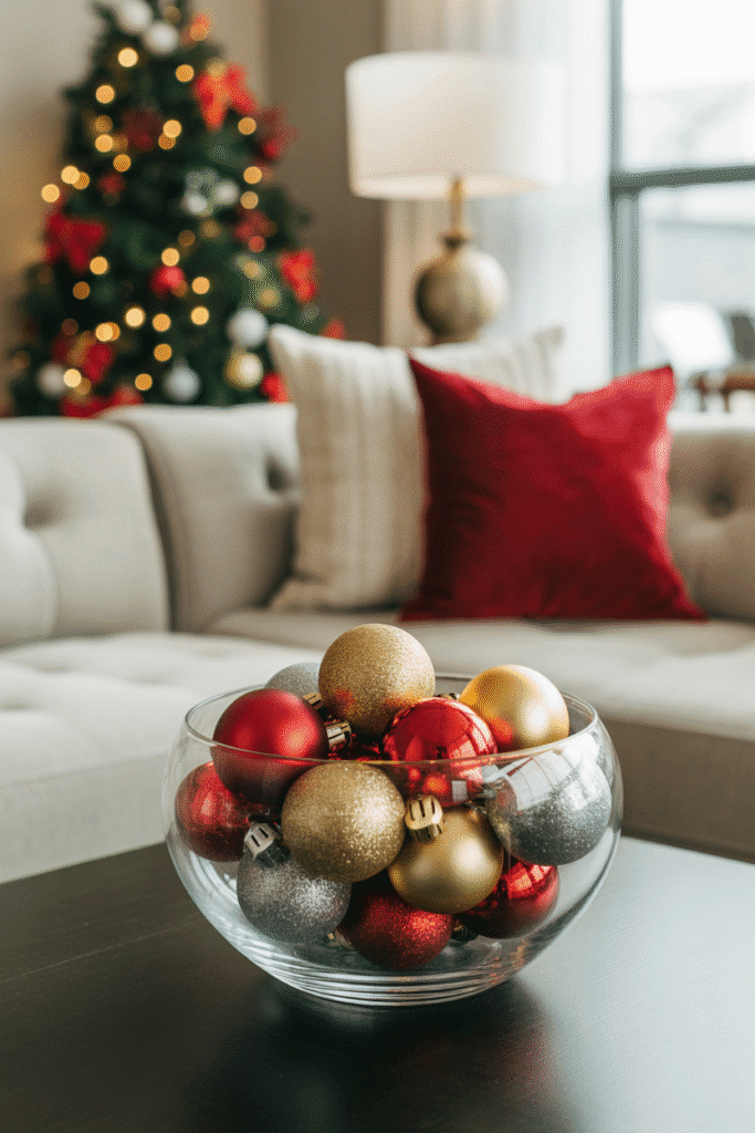 Glass bowl centerpiece with Christmas ornaments on coffee table.