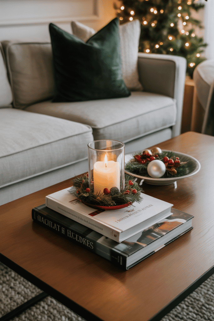 Christmas coffee table styled with seasonal books and decor.