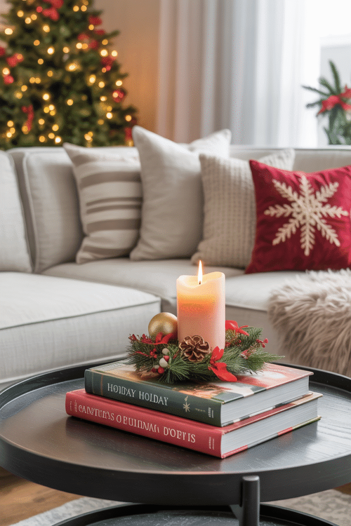 Christmas coffee table styled with seasonal books and decor.