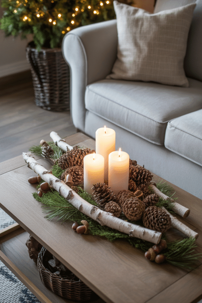 Christmas coffee table with pinecones and natural elements.