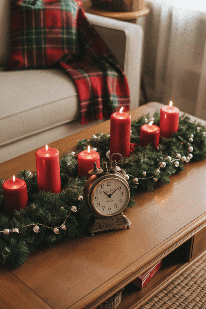 Traditional Christmas coffee table decor in red and green.