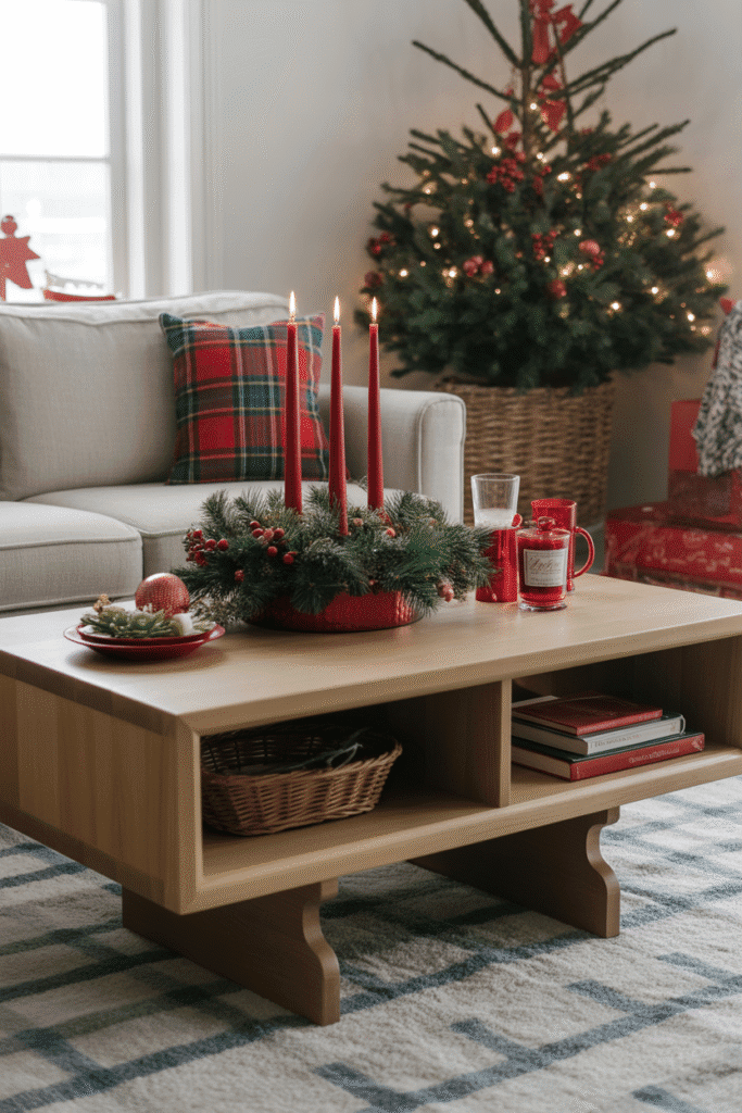 Traditional Christmas coffee table decor in red and green.