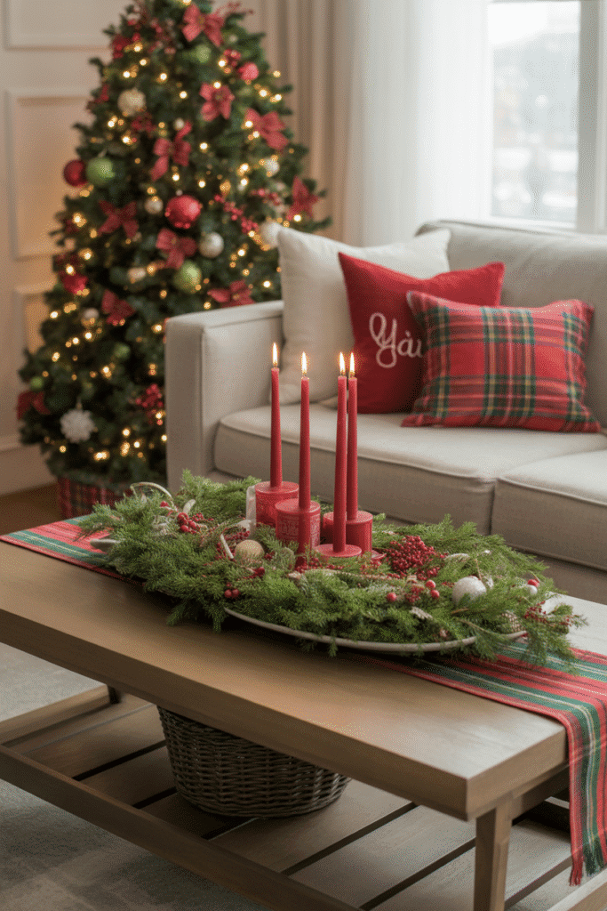 Traditional Christmas coffee table decor in red and green.