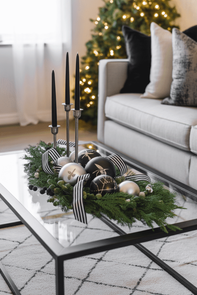 Modern black and white Christmas coffee table decor.
