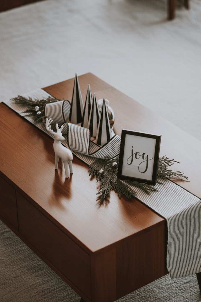 Modern black and white Christmas coffee table decor.