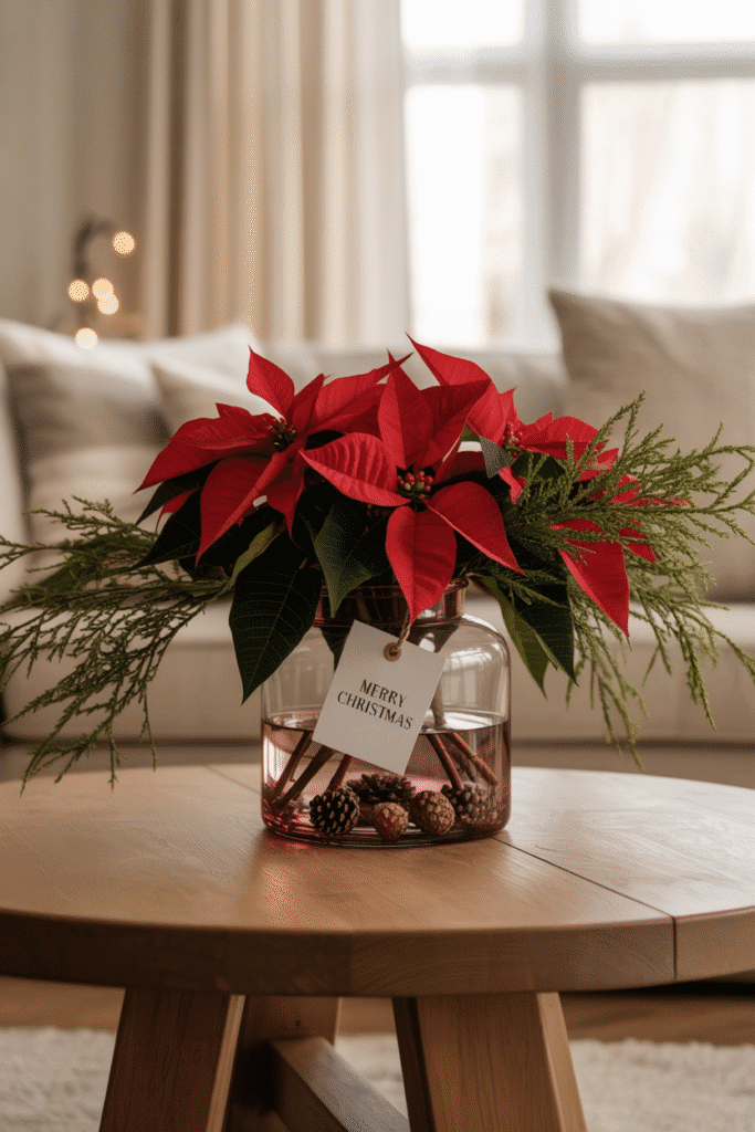 Christmas coffee table with poinsettia and evergreen floral decor.