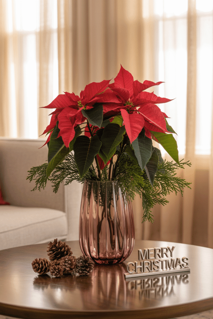 Christmas coffee table with poinsettia and evergreen floral decor.