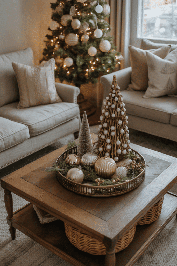 Vintage Christmas coffee table decor with nostalgic pieces.