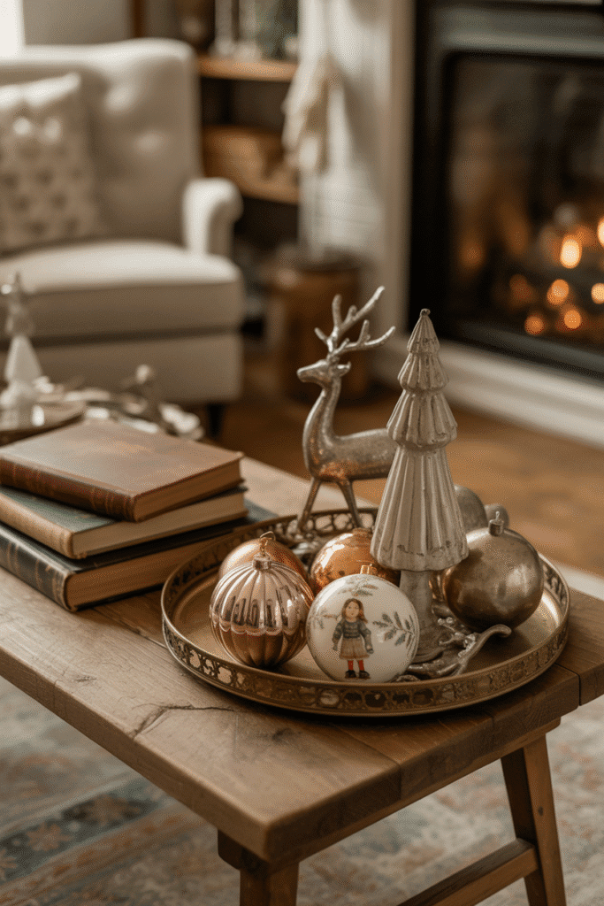 Vintage Christmas coffee table decor with nostalgic pieces.