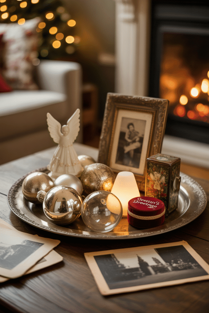 Vintage Christmas coffee table decor with nostalgic pieces.
