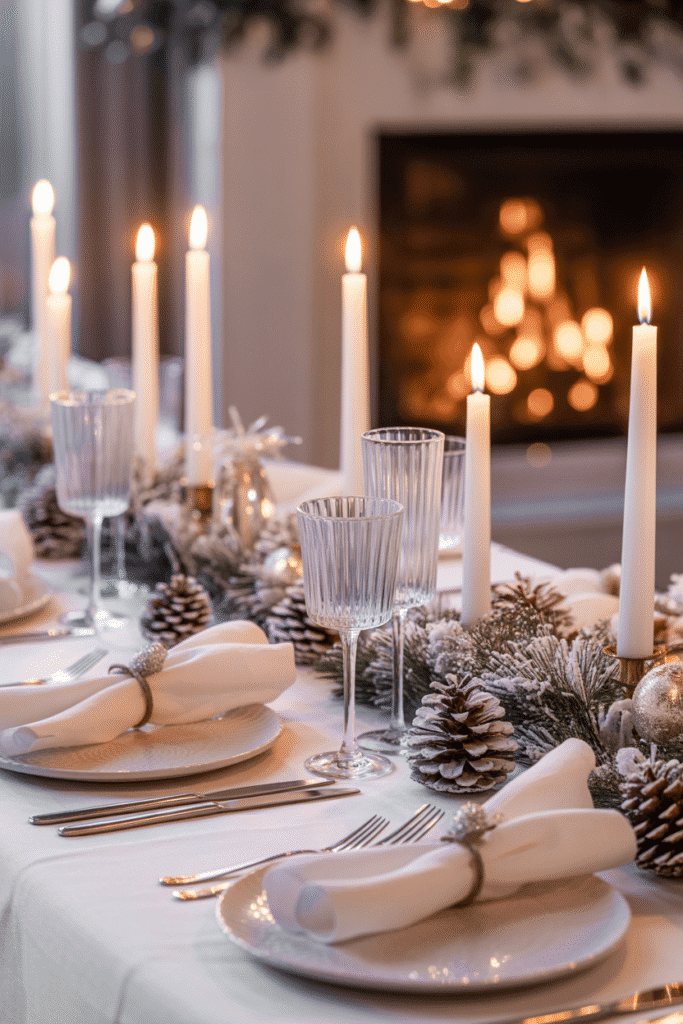 Elegant white Christmas dinner table setting with silver accents and snowy pinecones.