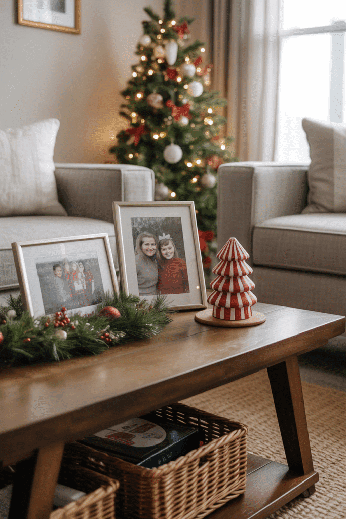Personalized Christmas coffee table decor with photos and DIY crafts.