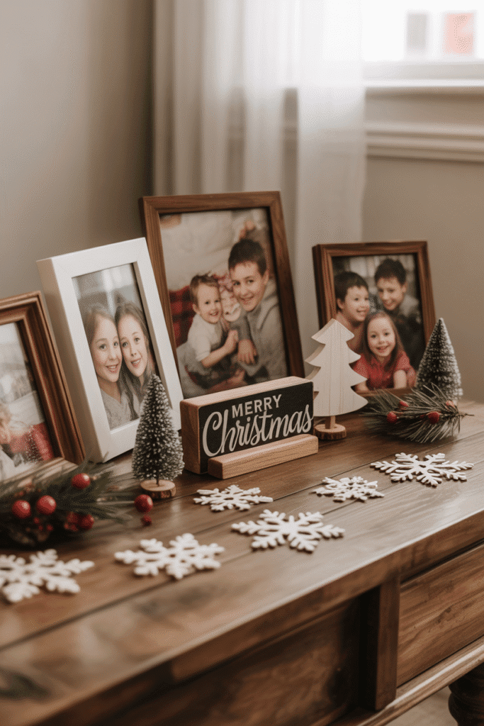 Personalized Christmas coffee table decor with photos and DIY crafts.