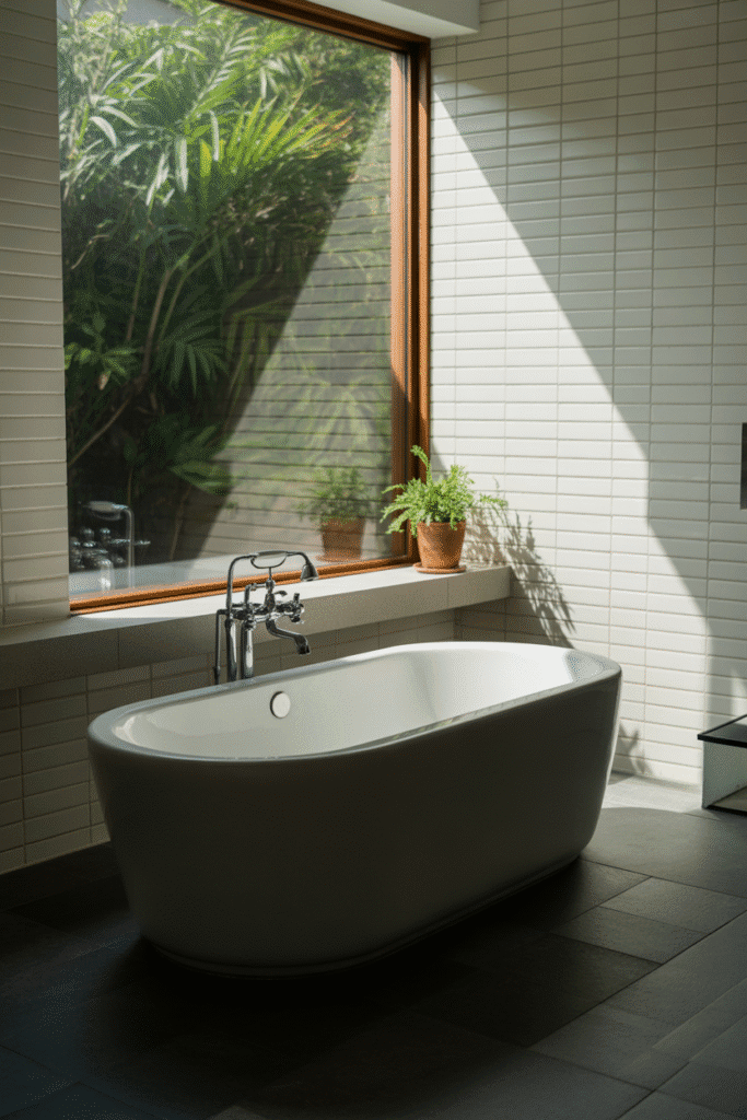 As a part of organic modern bathroom ideas this picture shows an organic modern bathroom with neutral warm color palette.