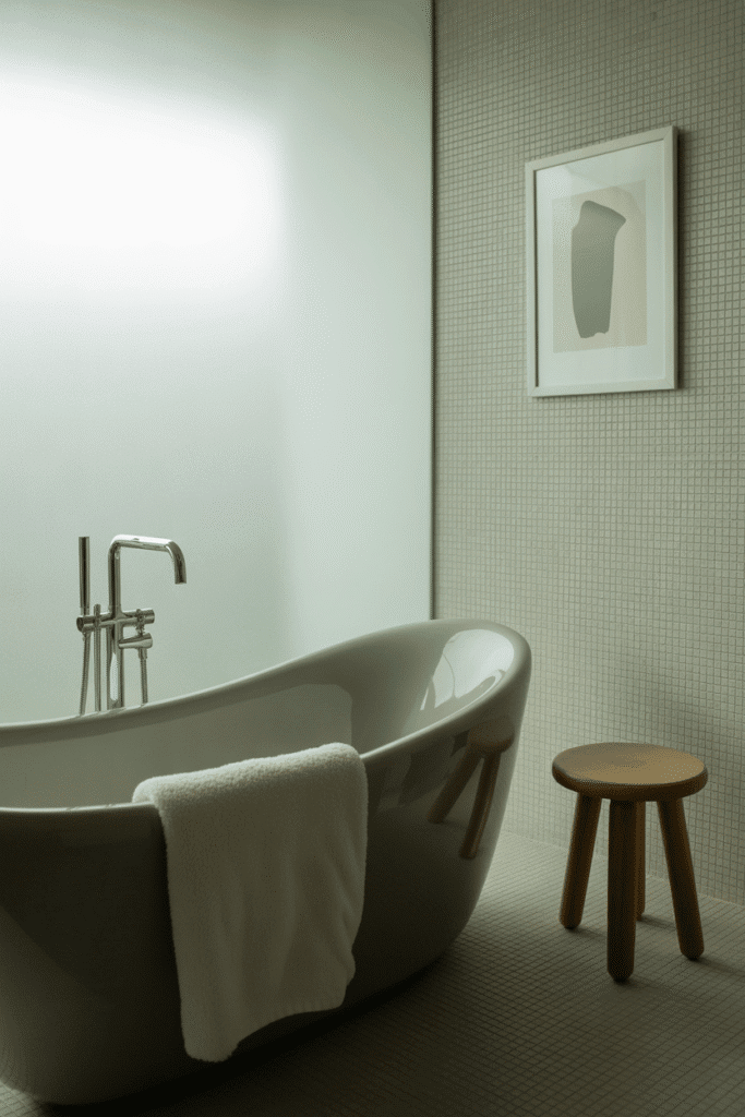 Organic modern bathroom with neutral warm color palette.