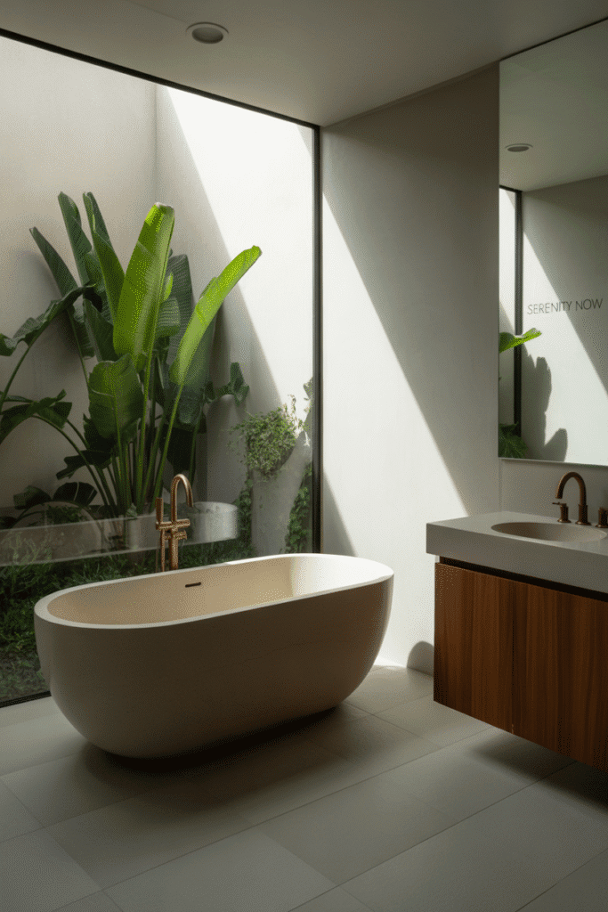 Organic modern bathroom with neutral warm color palette.