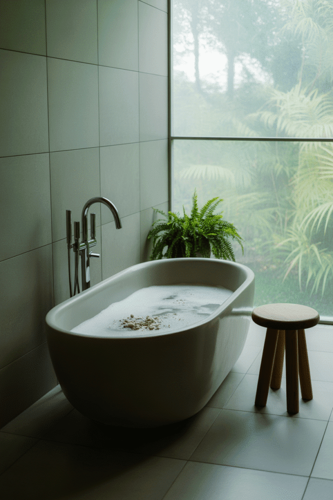 Organic modern bathroom with neutral warm color palette.