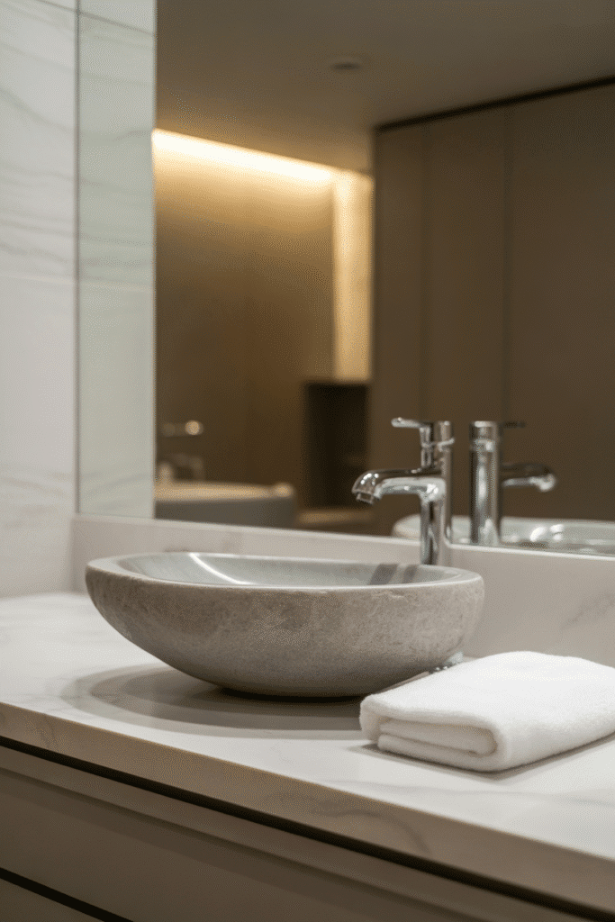 Bathroom with natural stone countertop and organic vessel sink.