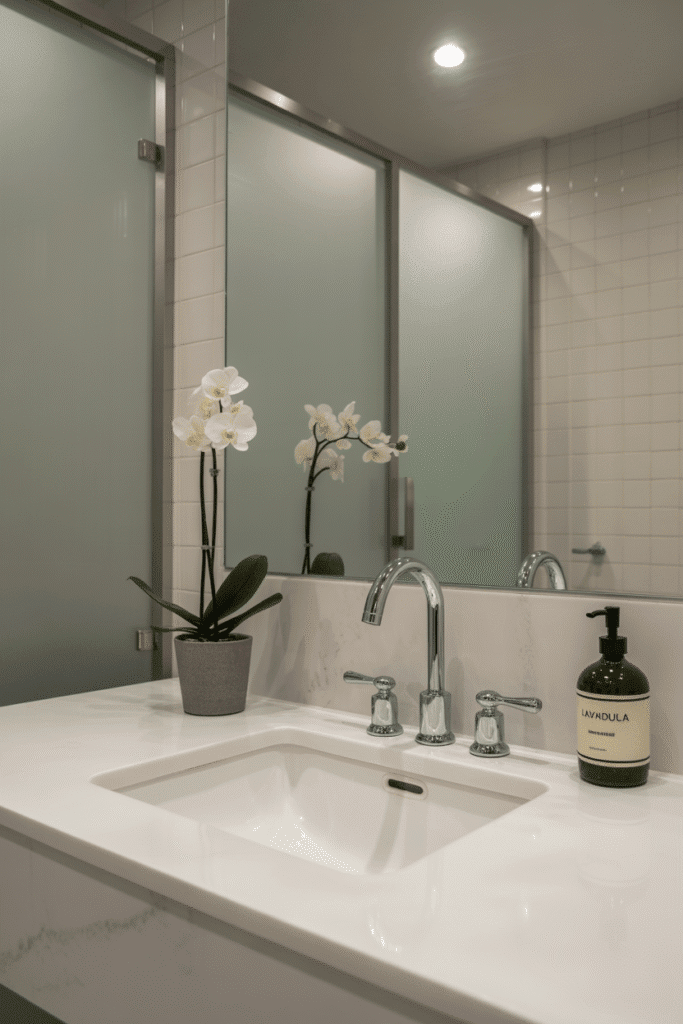 Bathroom with natural stone countertop and organic vessel sink.