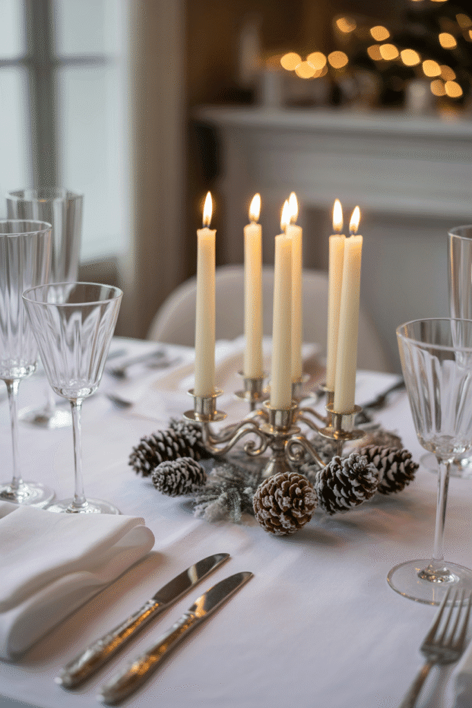 Elegant white Christmas dinner table setting with silver accents and snowy pinecones.