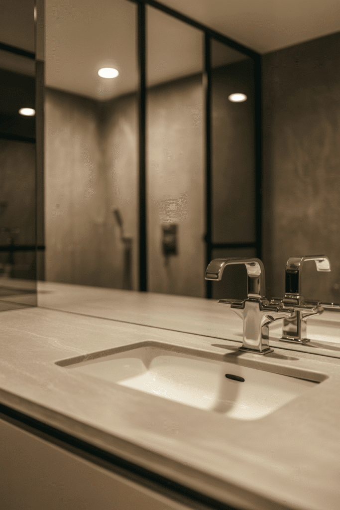 Bathroom with natural stone countertop and organic vessel sink.