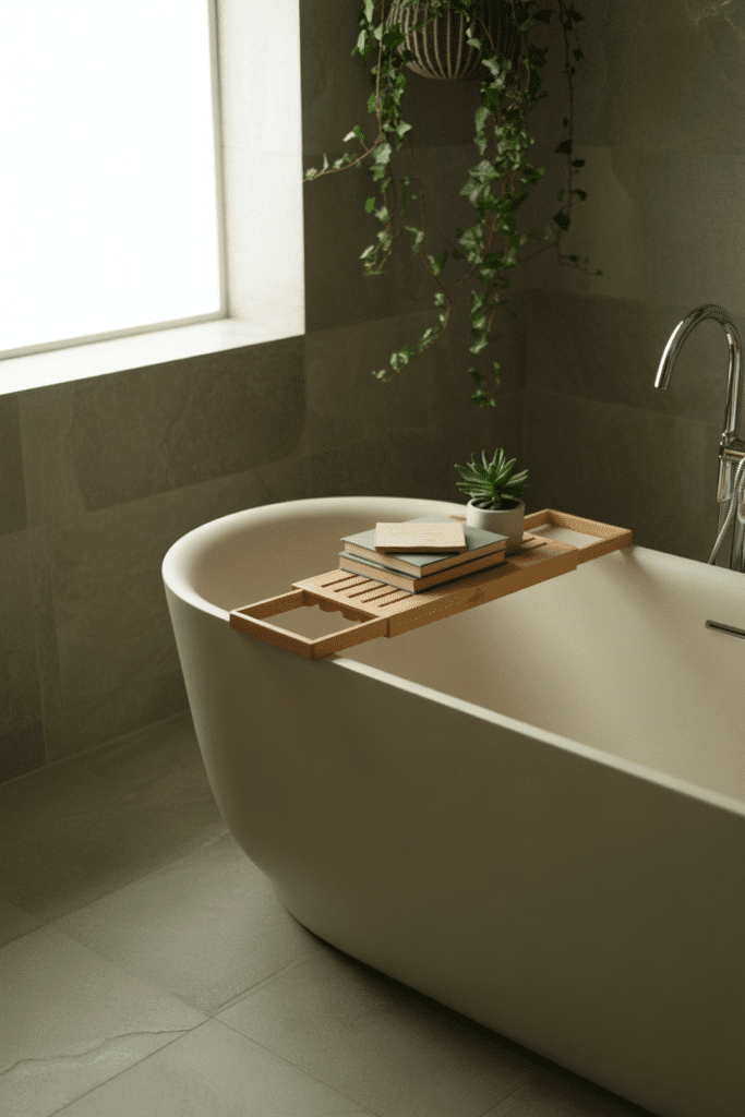 Organic modern bathroom with freestanding soaking tub.