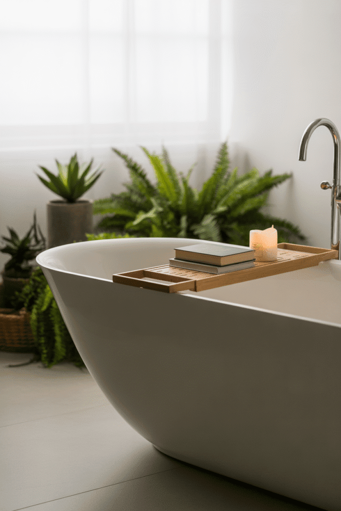 Organic modern bathroom with freestanding soaking tub.