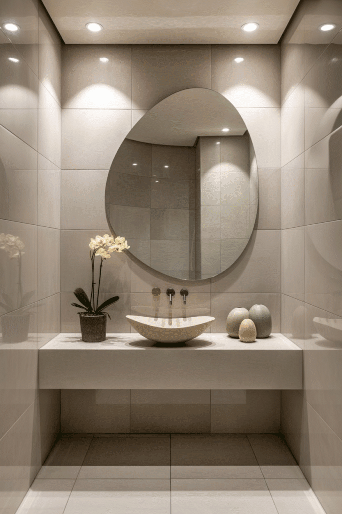 Bathroom with organic-shaped mirror and curved fixtures.