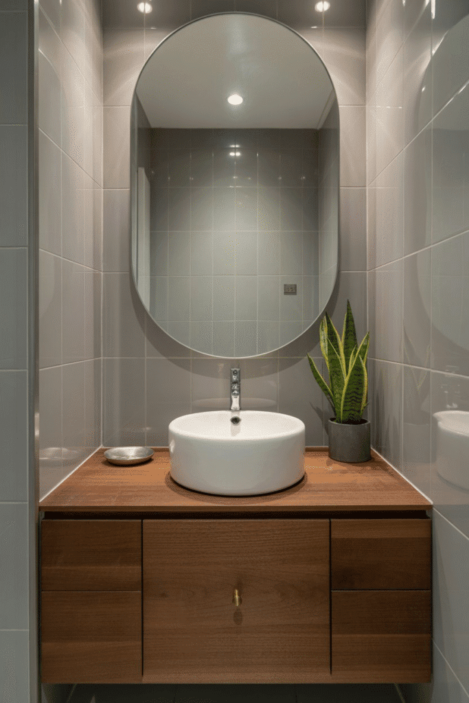 Bathroom with organic-shaped mirror and curved fixtures.
