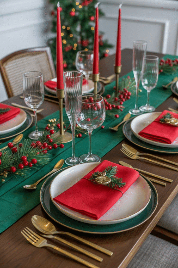 Classic Christmas dinner table setting with red and green décor and gold accents.