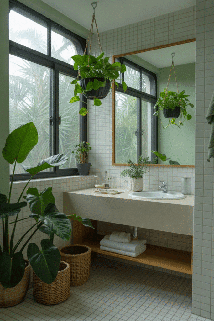 Organic modern bathroom with indoor plants for spa feel.