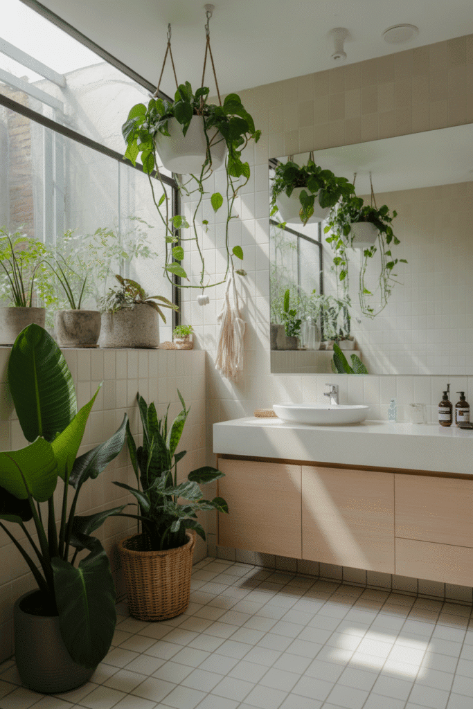 Organic modern bathroom with indoor plants for spa feel.