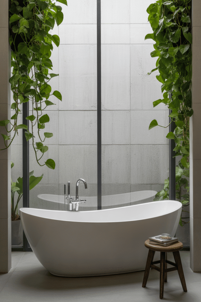 Organic modern bathroom with indoor plants for spa feel.