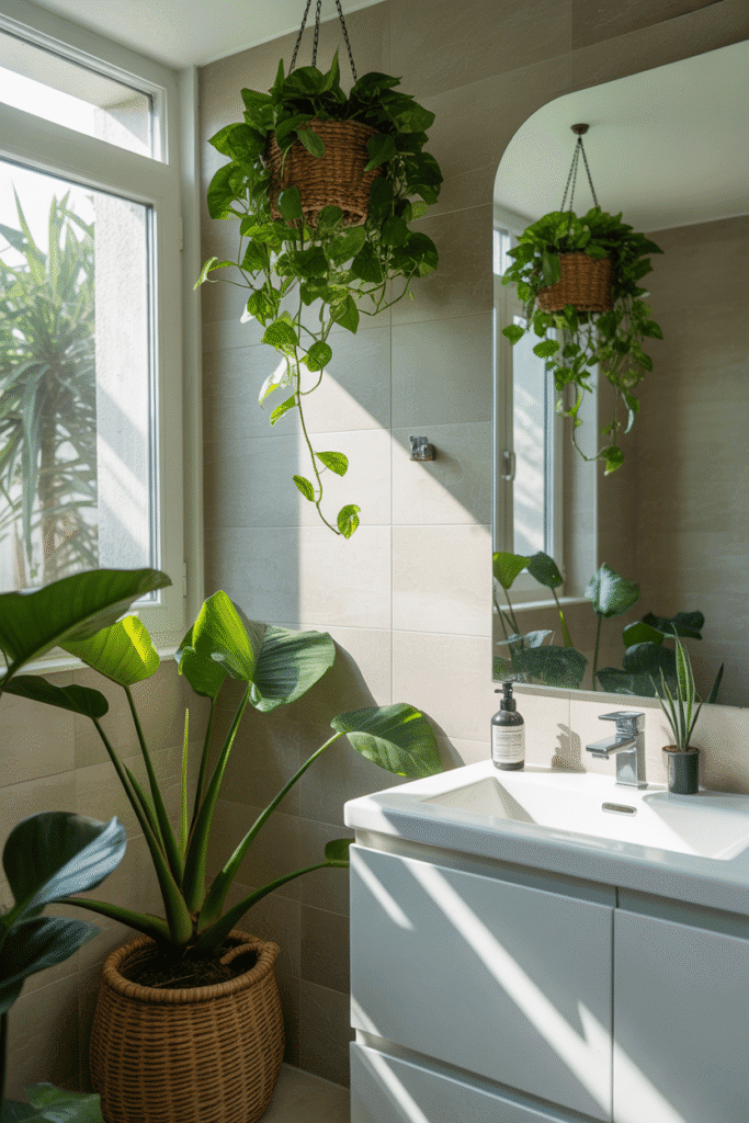 Organic modern bathroom with indoor plants for spa feel.
