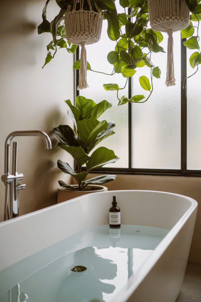 Organic modern bathroom with indoor plants for spa feel.