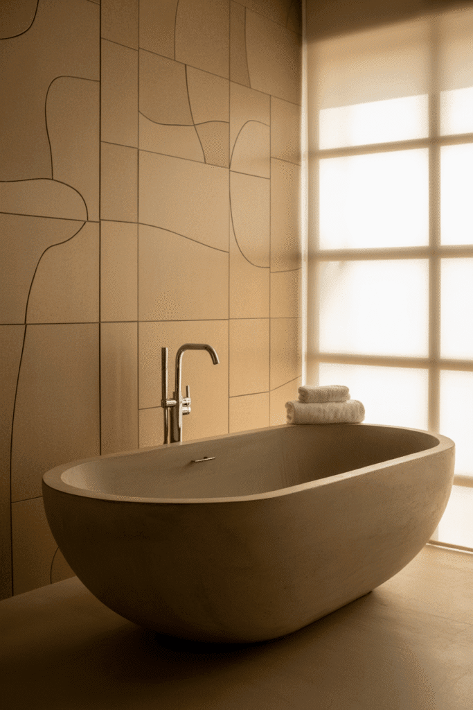 Organic modern bathroom with textured natural tiles.