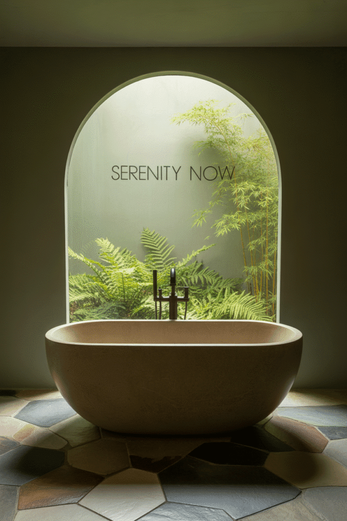 Organic modern bathroom with textured natural tiles.