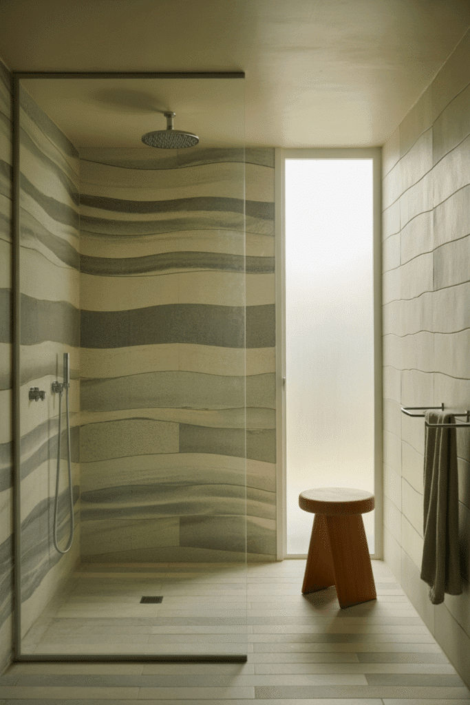 Organic modern bathroom with textured natural tiles.