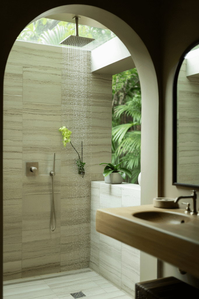Organic modern bathroom with textured natural tiles.