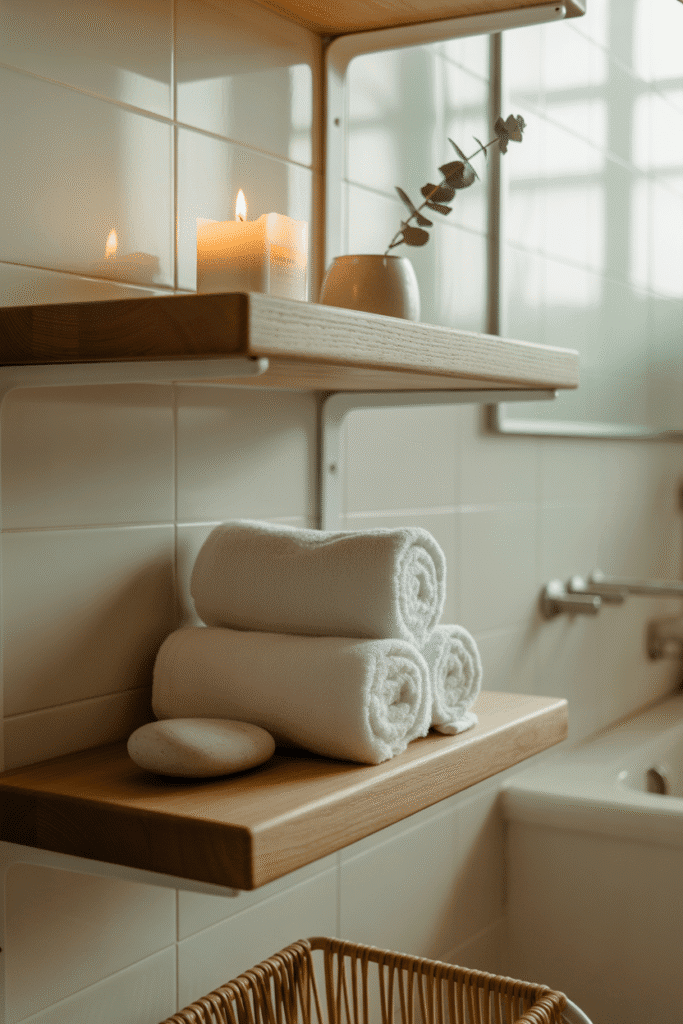 Bathroom with minimalist open shelving and natural decor.